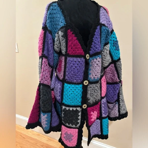 Handmade Granny Square Bell Sleeve Cardigan Vibrant Pink Purple & Blue Size L XL - Picture 3 of 8